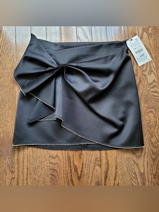 Zara Dresses & Skirts - Zara Black Satin Mini Skirt with Draped Twist and Crystal Trim